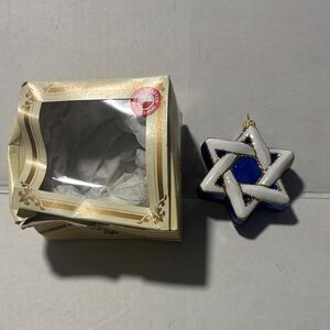Blue and White Star Hanukkah Ornament mouth blown, and hand painted